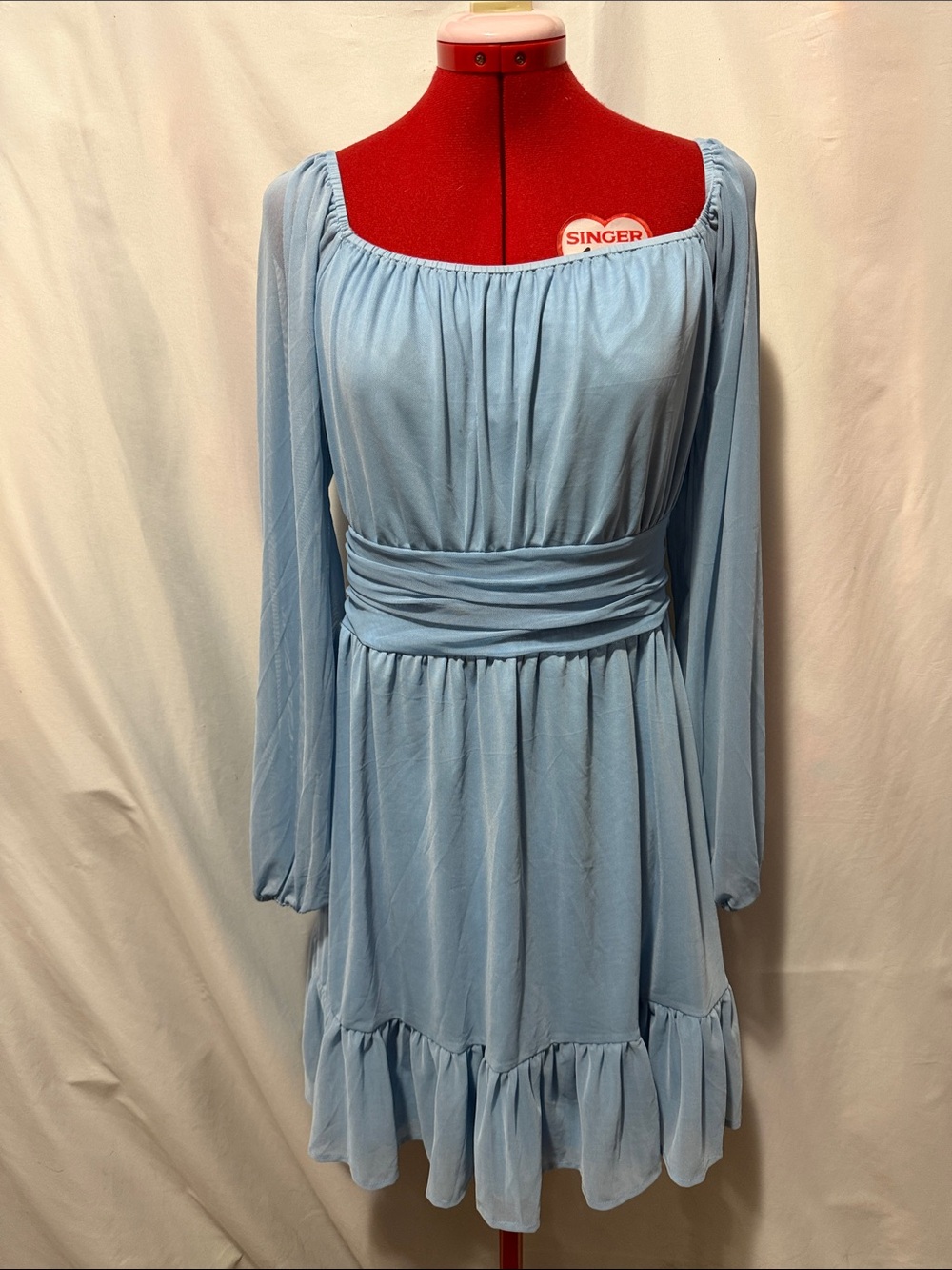 Light Blue Long-Sleeve Ruffled Waist Dress by